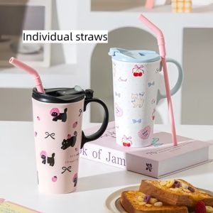 Mug Keramik Berkualitas Tinggi, Promo Panas! Cangkir Kopi dengan Sedotan dan Tutup, Cangkir Air Lucu dengan Pegangan - Product Image 3