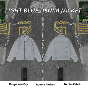 Veste Safari en Denim Bleu Clair TIDEEKU - Patchwork Japonais, Fine, Imperméable, Fermeture Éclair, Grandes Poches, Service OEM - Product Image 2