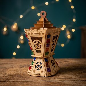 AA117 Lanterne carrée en bois égyptien faite à la main Zahereen, découpée au laser, ornée de bijoux, multicolore et clignotante, pour décorations religieuses du Ramadan - Product Image 3