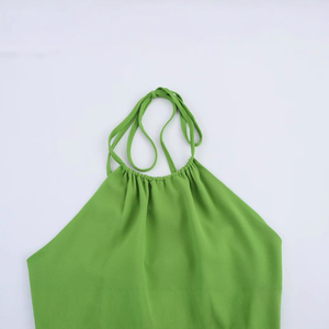 Vestido Largo Informal de Verano para Mujer, Estilo Halter, Verde, Cintura Hueca, Sin Mangas, Largo Maxi, Transpirable, Tejido, Diseño Sólido - Product Image 3