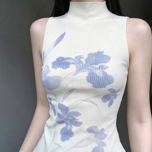 เสื้อแขนกุดพิมพ์ลายดอกไม้คอสูงสไตล์สาวหวานสำหรับผู้หญิง – เสื้อสายเดี่ยวสีพื้นทรงเข้ารูปสำหรับใส่ลำลอง - Product Image 5