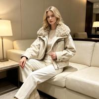 Veste parka courte pour femme avec col en fourrure de laine véritable, coupe ample, surface en daim, manteau d'hiver chaud pour femmes