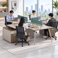 Bureau d'îlot pour 4 personnes en forme de croix avec écran de confidentialité et armoire pour bureau moderne