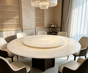 Mesa de Comedor Redonda de Piedra Natural Ónix Blanco con Base Giratoria Lazy Susan, Muebles de Comedor de Lujo para Casa o Villa, Muebles para el Hogar de 8 Plazas - Product Image 6
