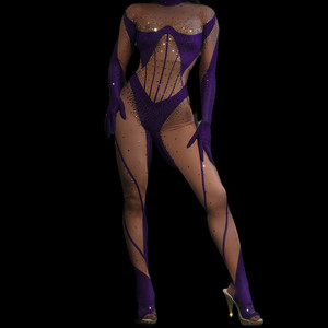 Tute di cristallo <span class=keywords><strong>viola</strong></span> alla moda pagliaccetto da donna spettacolo cantante ballerino abiti di scena donne Sexy festa festa <span class=keywords><strong>tuta</strong></span> con strass - Product Image 1