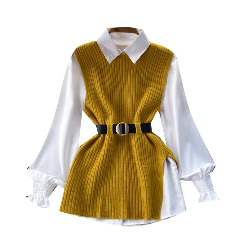 2024 Yingyuan新しいデザイナーファッション女性ジャージースリムトップス卸売ホワイトシャツニットベスト長袖トップス