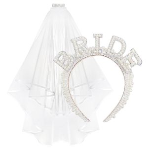 Meilleures ventes : Ensemble 3 pièces pour mariée et enterrement de vie de jeune fille (EVJF) - Serre-tête, Voile à bretelles orné de perles et strass, Écharpe de fête EVJF, Couronne de mariée - Product Image 3