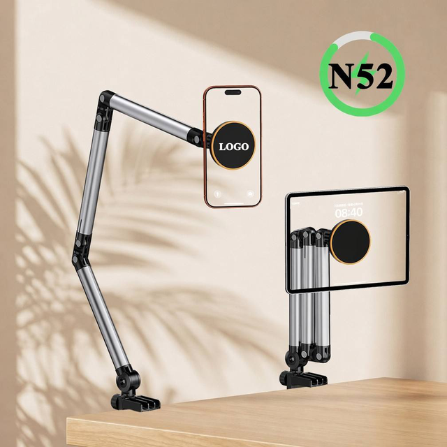 Custom Logo Foldable Long Arm 360° Rotation Desk Clamp Phone Tablet Stand, Aluminum Alloy Adjustable Lazy Arm Holder