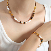 Fatingna Plaqué Or En Acier Inoxydable Collier Bracelet Ensemble Perles De Pierre Naturelle Perles D'eau Douce Mignon Bijoux De Mode