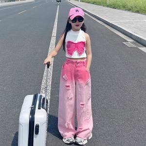 Kız Çocuk İki Parçalı Pamuklu Yırtık Degrade Kot Pantolon Yazlık Yeni Orta Boy Çocuk İnce Stil Modaya Uygun Bol Yüksek Bel Giyim Seti - Product Image 2