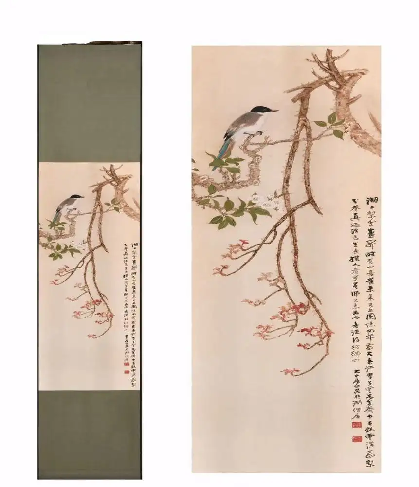 Wall Art Scroll Silk Chinese Painting Craft Calligraphy for Gift Pear Blossom and Titmouse