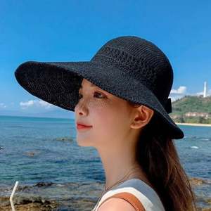 Women's Summer Hollowed-out Bow Big Brim Empty <b>Top</b> Beach Sunshade Sun Protection Straw Hat Visor - Product Image 3