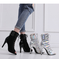 Bottes pour femmes 2026, nouvelles chaussures de danse latine en cuir verni argenté, grandes tailles 34-46, talons très hauts, salsa, à lacets