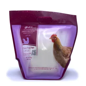 Imballaggio per alimenti in plastica trasparente su misura per anatra di pollo con congelatore stand up zip lock bag con manico