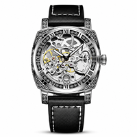 Jam Tangan Pria Logam Dial Berukir Vintage Mekanis Otomatis Penuh Model Openwork Dua Sisi Baru 42mm 30M Tali Kulit