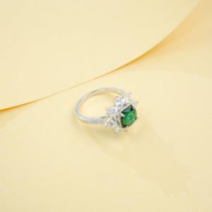 925 Sterling <b>Silver</b> Lab-Created <b>Emerald</b> <b>Ring</b> 8mm Cushion Cut Sunflower Halo Statement <b>Ring</b> - Product Image 3