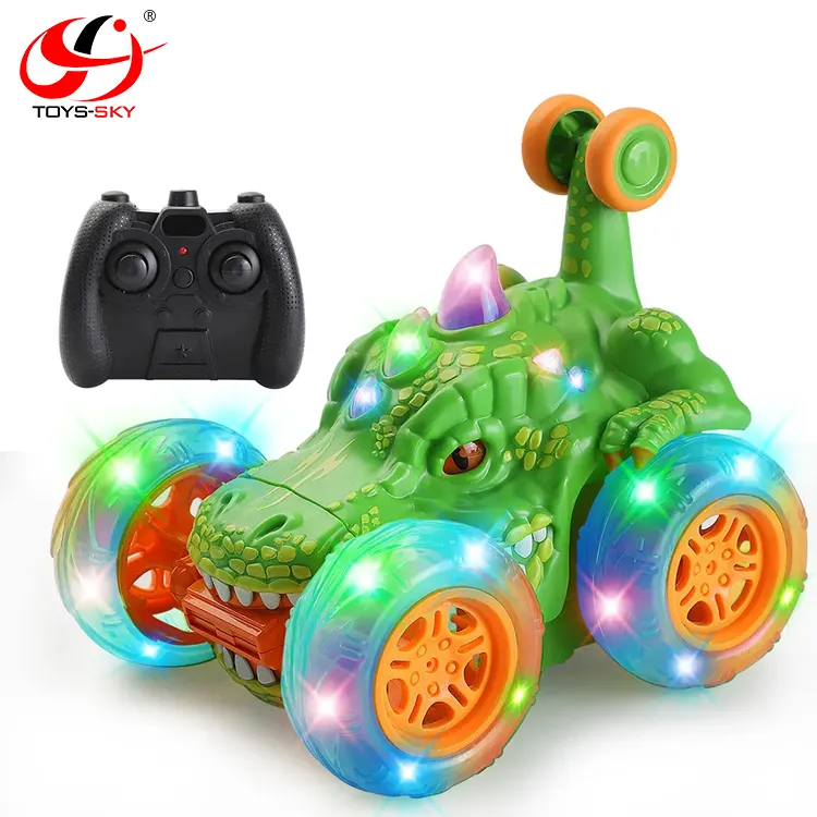 Suara 2.4g lampu warna-warni 360 pemutar bergulir mobil akrobat kendali jarak jauh Led RC mainan Robot dinosaurus untuk anak-anak