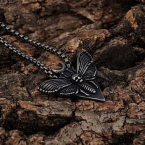 Collar con colgante de mariposa y cráneo de death goric para hombre, de plata antigua, de acero inoxidable, para insectos, punk, conjunto de joyería - Product Image 3