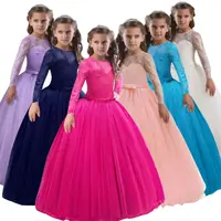 Yüksek kalite toptan moda butik yay dantel uzun elbisesi çocuk çocuk prenses doğum günü partisi elbisesi 13 yıl kız elbise