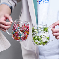 Tasse à café à double paroi isolée en verre borosilicate avec poignée, pour expresso, latte, lait, jus, thé, avec fleurs séchées