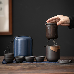 ชุดน้ำชาเซรามิกสำหรับตั้งแคมป์กลางแจ้ง พกพาสะดวก เป็นมิตรกับสิ่งแวดล้อม 1 กาน้ำ 6 ถ้วย ทนความร้อน ชุดชงชาแบบกังฟูสำหรับเดินทาง พร้อมกล่องเก็บ - Product Image 2