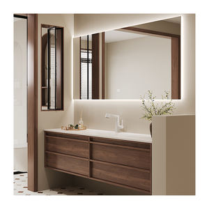 Tocador de baño de madera maciza con placa de <span class=keywords><strong>roca</strong></span> de color café <span class=keywords><strong>retro</strong></span> personalizado moderno con <span class=keywords><strong>lavabo</strong></span> y espejo de una pieza doblado en caliente - Product Image 3