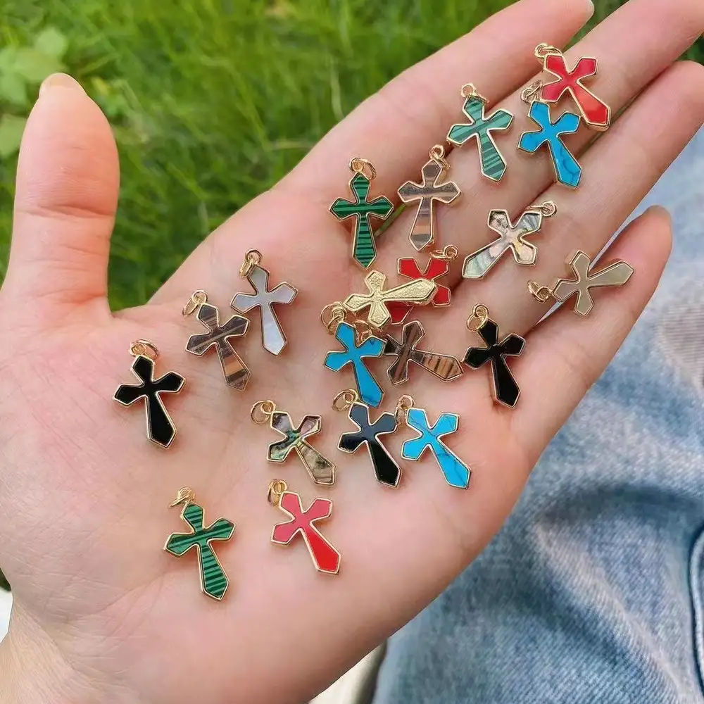 Mini Cross Pendant Charms 18k Gold Plated Stone Jesus Cross Pendant Women Earrings Accessories Jewelry 2022