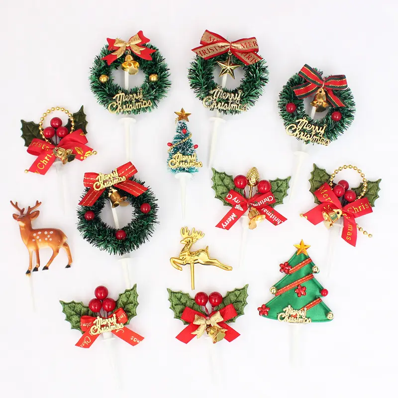 2022 New Merry Christmas Cake Toppers Decoration Card Christmas Tree Wreath Deer Baking Props