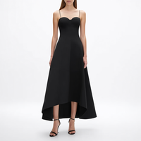 Robe de soirée asymétrique noire pour femme, coupe ajustée, col cœur, bretelles spaghetti, ourlet asymétrique haut-bas, idéale pour les soirées