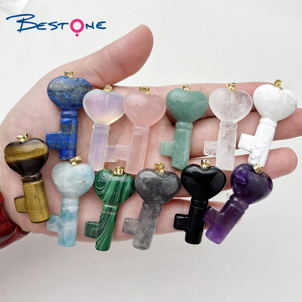 Bestone Custom Stone Pendant Jewelry Crystal Energy Natural Stone Key Lock Heart Pendant Necklace