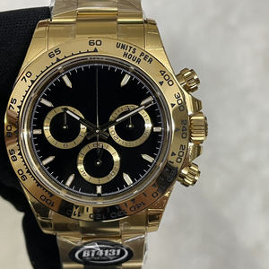 Montre chronographe de luxe pour hommes, mécanique, cristal saphir, plaqué or, acier inoxydable, pointeur noir, marquages lumineux, tachymètre - Product Image 1