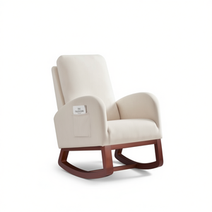 Sillón Mecedora de Tela Franela Beige con Respaldo Alto y Patas Marrones, Silla para Sala de Estar con Bolsillo Lateral - Product Image 1