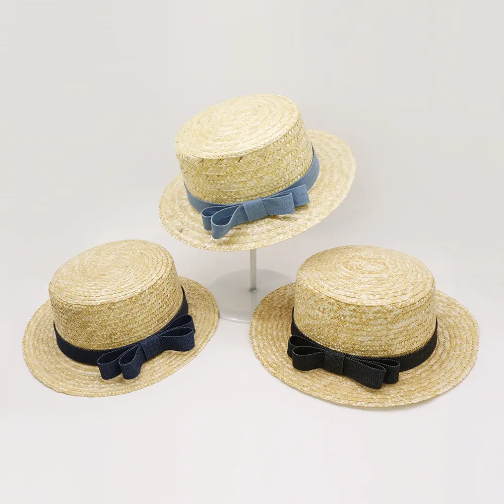 หมวกฟางทรงโบเตอร์หมวกฟางสำหรับพ่อแม่และลูก,ทำจากโบว์สีชมพูขนาดเล็กตามต้องการ