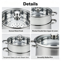 Ensemble de casseroles en acier inoxydable à 2 niveaux, cuiseur vapeur avec couvercle en verre, compatible induction, passe au lave-vaisselle, écologique, capacité de 4 à 14 L