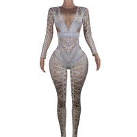 Body une pièce sexy manches longues blanc spectacle danseur justaucorps glisser reine mince femmes barboteuses fête club strass combinaisons