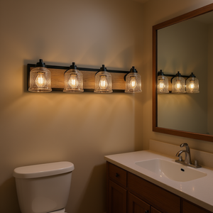 Applique murale industrielle moderne pour salle de bain, 6 lumières, verre grainé transparent, finition grain de bois noir - Product Image 2