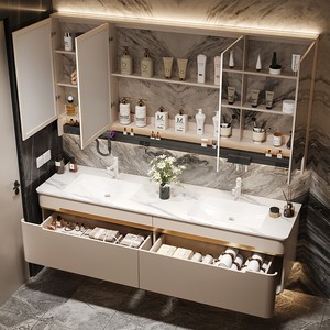 Modern Luxury Stone-Look Seamless Ceramic Double-Sink Smart <b>Mirror</b> Vanity Wall-Mounted Bathroom Cabinet - Product Image 5