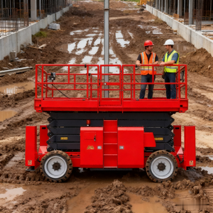 Plataforma Elevadora de Tijera de Acero Autopropulsada Eléctrica 4x4 para Terrenos Difíciles, de Doble Extensión y Alta Resistencia, para Hoteles - Product Image 1