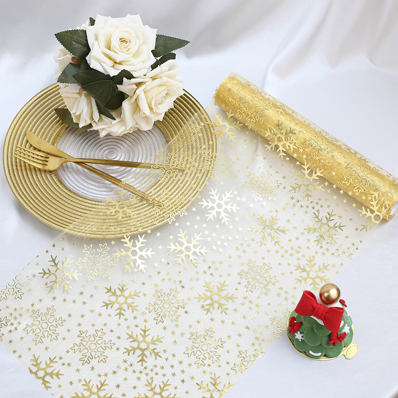 Modern Xmas Goldfoil Organza Table Runner Tapestry Pattern for Party Table Decor