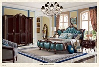 Ensemble de meubles de chambre à coucher de luxe, style royal français classique, en bois de hêtre, avec feuille d'or et tissu italien, pour lit double, antique européen, pour lits Queen/King