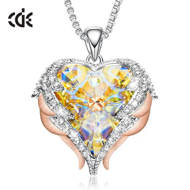 Elegant Bijoux Women Heart Jewelry Crystal Stone Austrian Angel Heart Gemstone Pendant Necklace