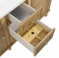 Meuble de salle de bain en chêne clair naturel sur mesure, style classique en bois massif avec plan de travail en quartz, ensemble de lavabo double en céramique de 60 pouces