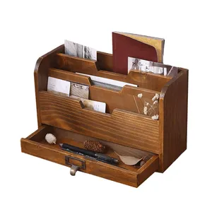 Rak buku bambu dapat digerakkan Retro, untuk dekorasi Desktop Organizer untuk rumah Desktop Mail Sorter dengan laci
