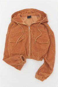 <span class=keywords><strong>Veste</strong></span> à capuche courte en <span class=keywords><strong>velours</strong></span> côtelé de coton avec poche plaquée avec logo personnalisé pour les femmes avec cordon de serrage <span class=keywords><strong>veste</strong></span> zippée - Product Image 4