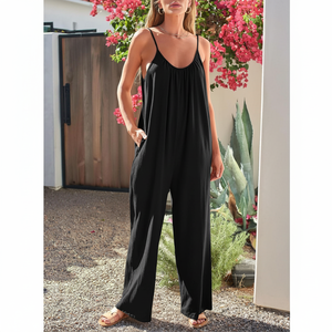 จั๊มสูทแขนกุดลำลองทรงหลวมของผู้หญิง2025ชุดหมีขาสายสปาเก็ตตี้แบบยืดได้กระเป๋าแบบหลวม - Product Image 1