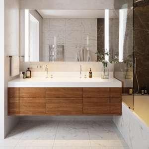 Meuble de salle de bain d'hôtel, meuble de salle de bain en bois massif de luxe, unité à poser au sol, style européen antique, avec miroir intelligent - Product Image 2