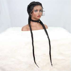 Peluca sintética frontal <span class=keywords><strong>de</strong></span> encaje con <span class=keywords><strong>dos</strong></span> <span class=keywords><strong>trenzas</strong></span> largas, la más vendida al por mayor, para mujer, <span class=keywords><strong>trenzas</strong></span> <span class=keywords><strong>de</strong></span> tres hebras, gorro completo, lista para usar - Product Image 2