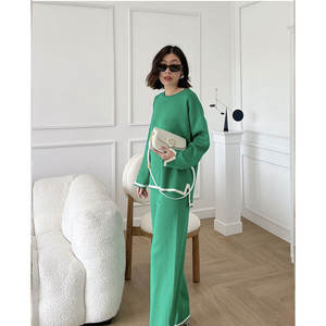 2026新款春秋女装两件套针织套装拼色分体长袖上衣高腰修身阔腿裤优雅套装 - Product Image 4