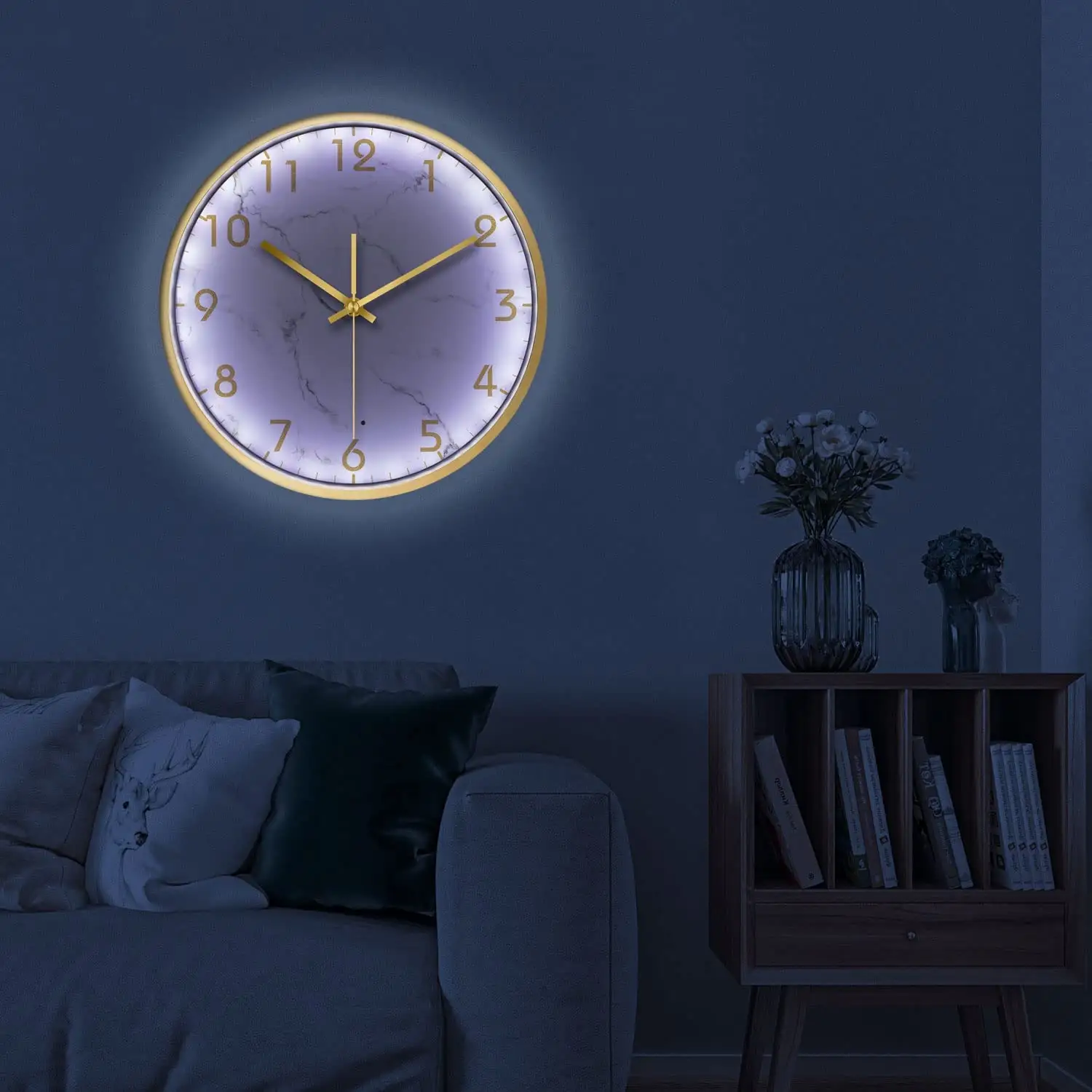 Reloj moderno de lujo que brilla en la oscuridad, Control de sonido de mármol con reloj de pared, LED silencioso de 12 pulgadas, Control de voz