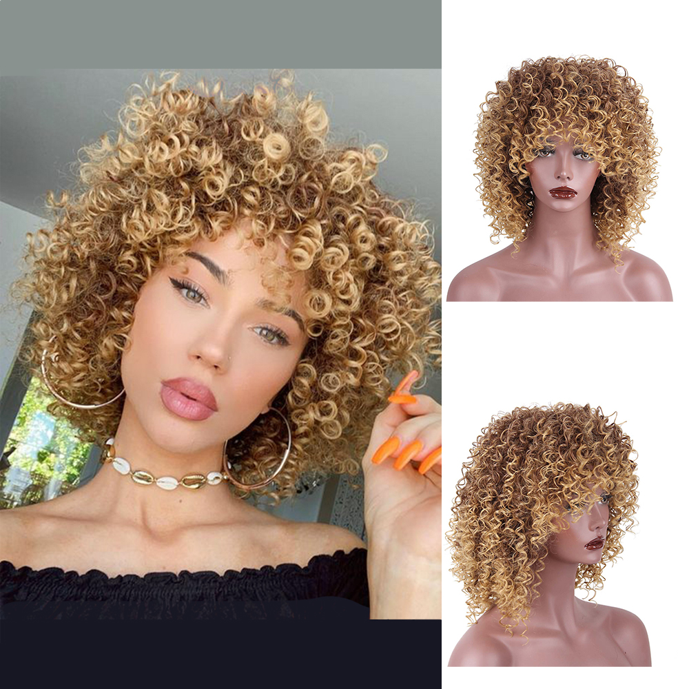 Aisi Wig Sintetis Keriting Afro Kinky Ombre, Wig Rambut Keriting Pendek untuk Wanita Hitam Serat Tahan Panas